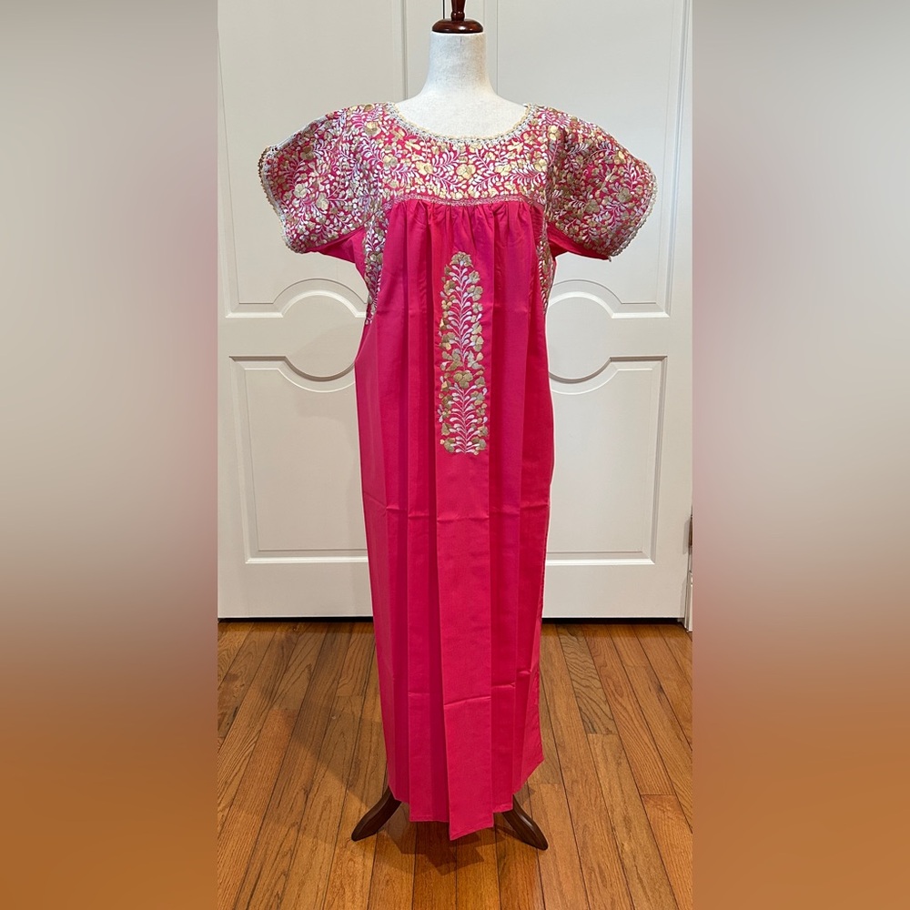 XL San Antonino Maxi Dress,Oax,Mexican dress Hand Embroidered with Silk threads.